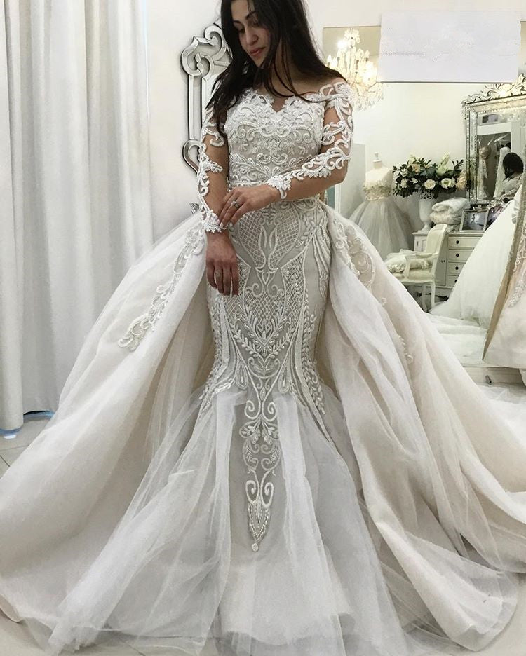 AmazingLong Sleeves Lace Mermaid Bridal Gowns Detachable Train New Arrival Ruffless Bridal Gowns