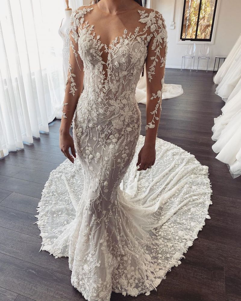 AmazingLong Train Lace Open back Mermaid White Wedding Dresses