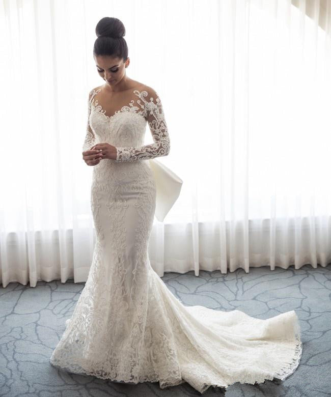 AmazingMermaid Lace Wedding Dress with Sleeves Bowknot Detachable Overskirt Bride Dress