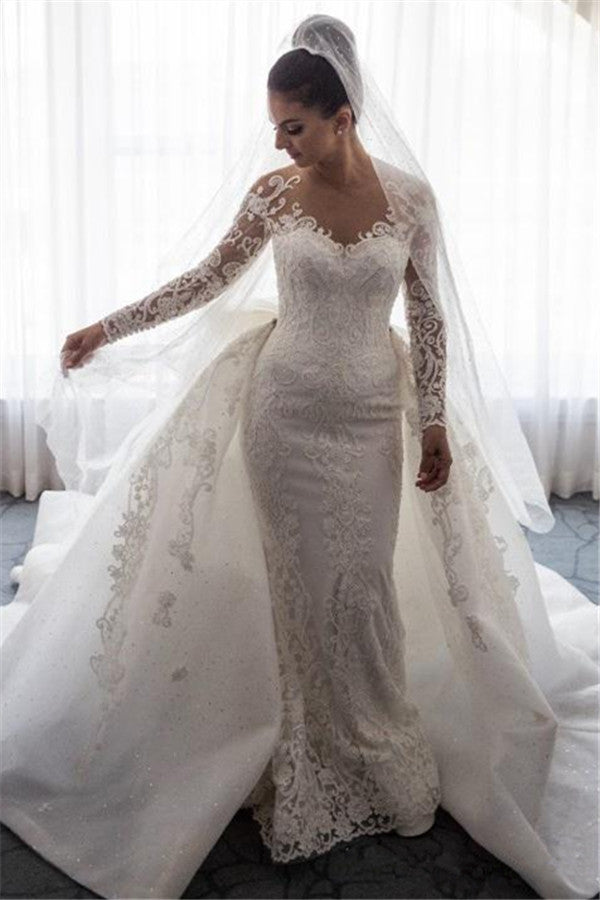 AmazingMermaid Lace Wedding Dress with Sleeves Bowknot Detachable Overskirt Bride Dress