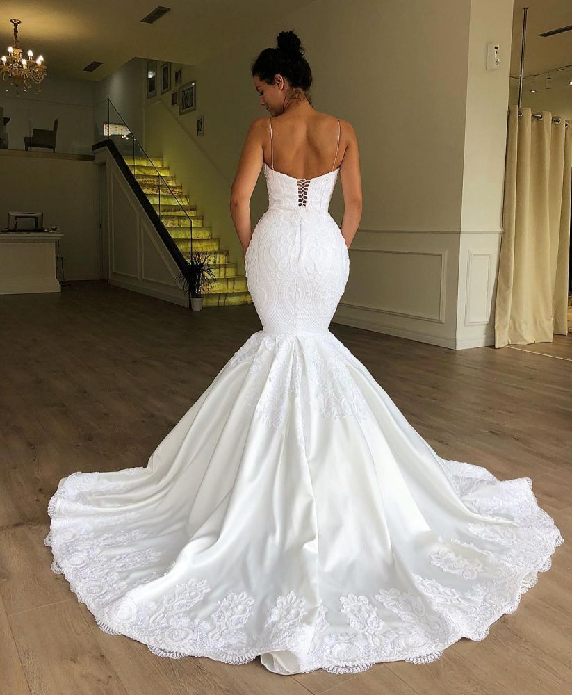 AmazingMermaid Spaghetti Straps Sleeveless Lace Wedding Dresses