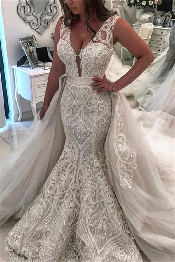 AmazingSleeveless Lace Mermaid Wedding Dress New Arrival Over skirt Bridal Gowns