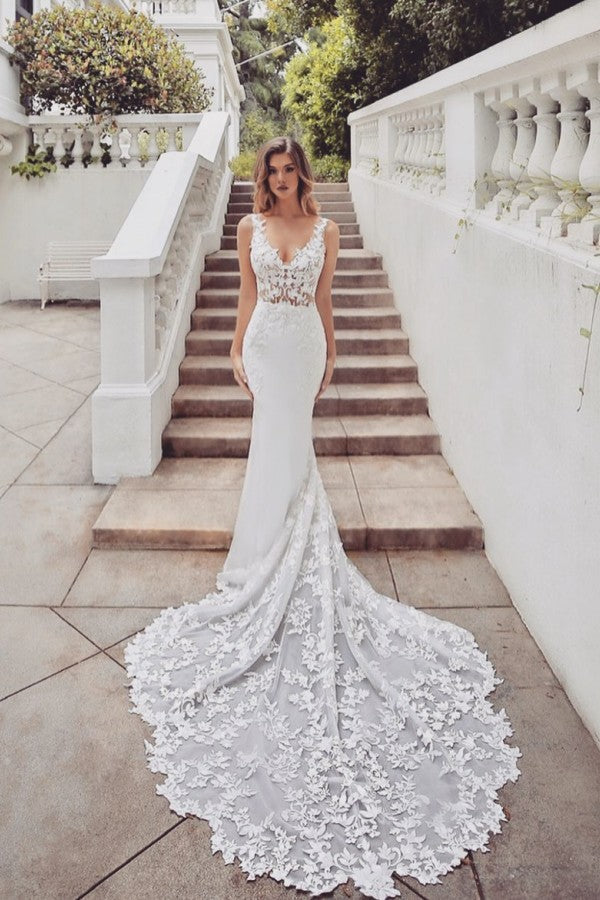 AmazingTrain Sleeveless V neck Lace mermaid wedding dresses