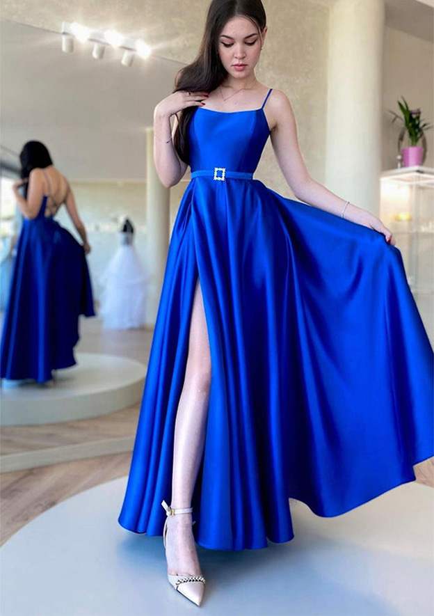 Ankle-Length Satin Prom Dress/Evening Dress with A-Line Square Neckline and Spaghetti Straps Waistband