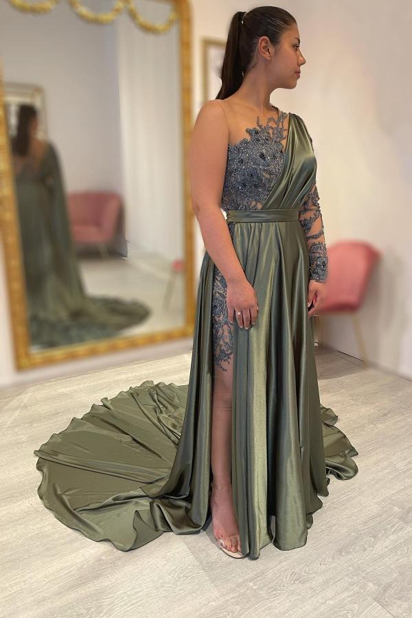 Army Green Long Sleeve Prom Dress One Shoulder With Appliques