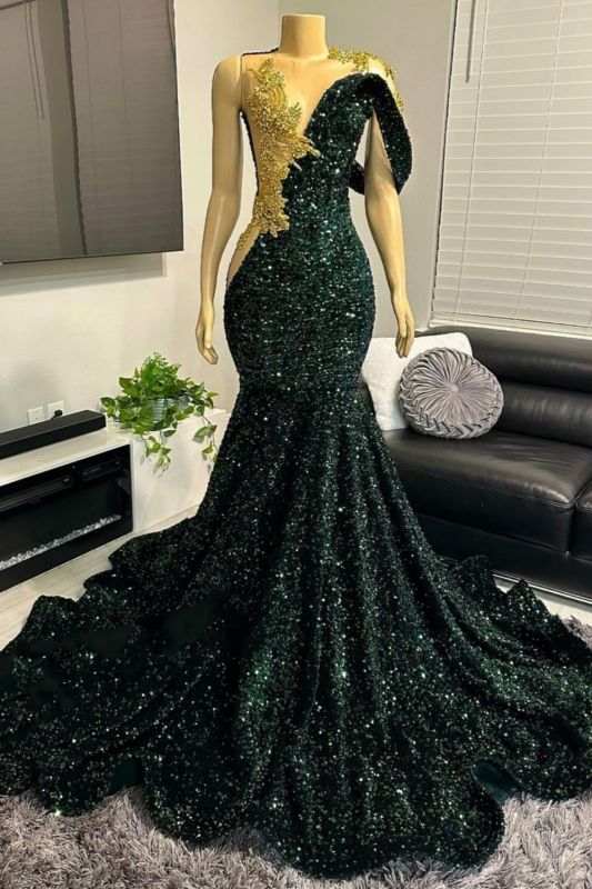 Asymmetrical Dark Green Sequined Mermaid Prom Dress with Gold 3D Crystals for Bodycon Party