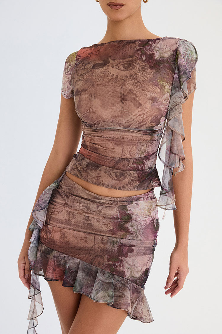 Asymmetrical Ruffle Floral Printed Ruched Mesh Mini Two Piece Dress - Brown