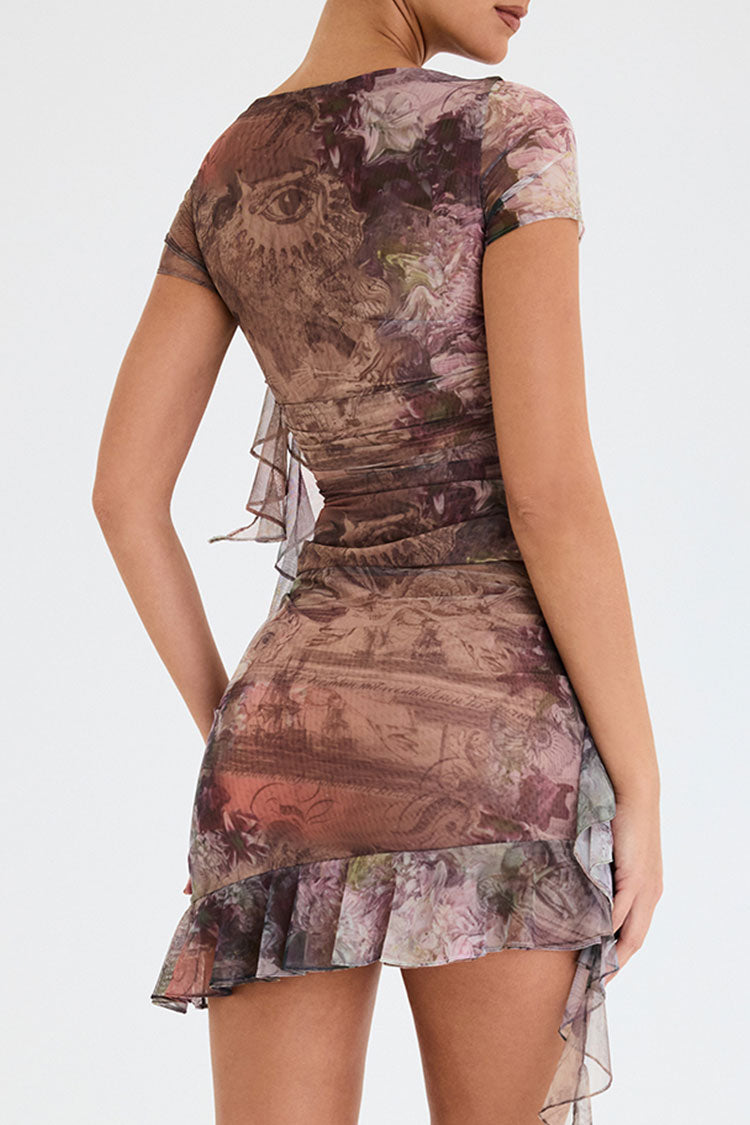 Asymmetrical Ruffle Floral Printed Ruched Mesh Mini Two Piece Dress - Brown