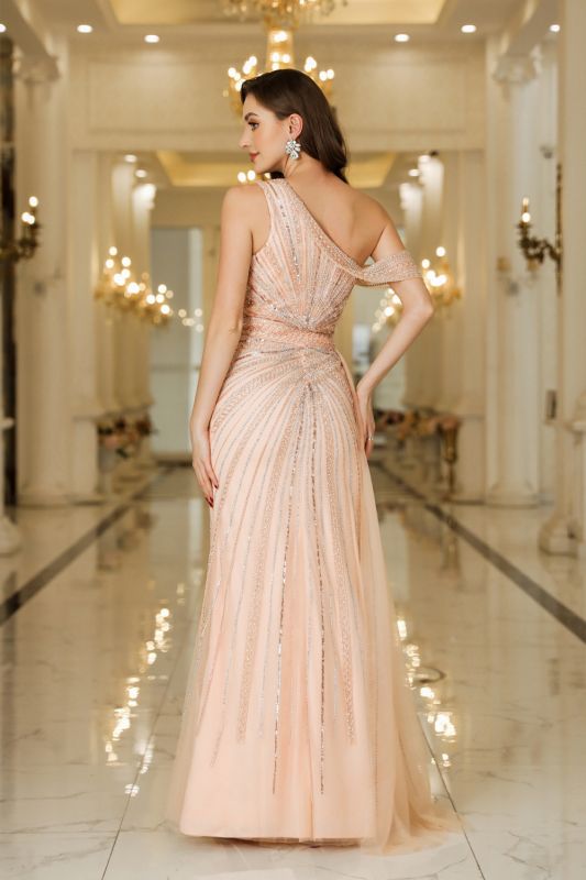 Asymmetric Tulle Beaded Prom Gown with Side Slit and Sleeveless Design for Special Occasions