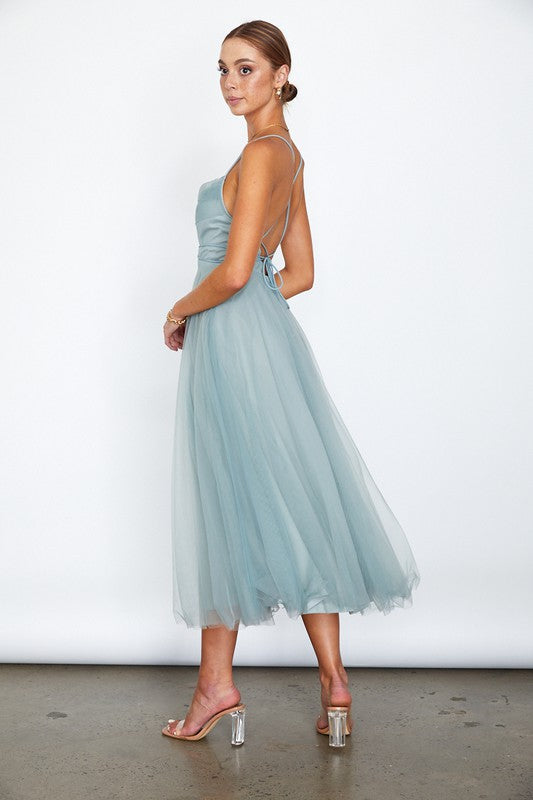 Tulle Ballerina Midi Dress With Cowl Front And Lace Up Open Back