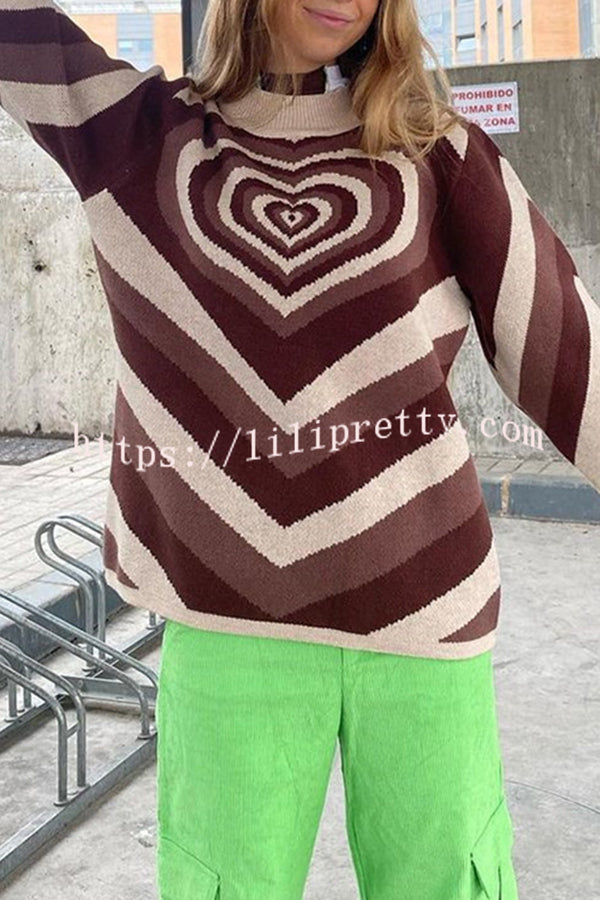 Color Block Multicolor Heart Shape Pullover Long Sleeve Sweater