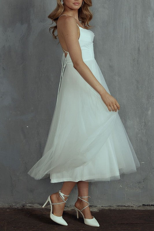 Tulle Ballerina Midi Dress With Cowl Front And Lace Up Open Back