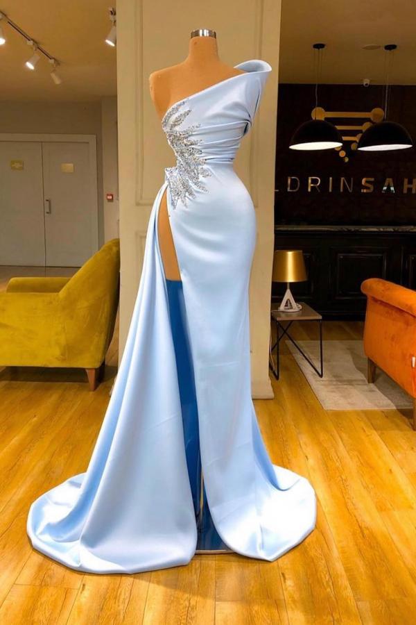 Baby Blue One Shoulder Prom Dress High Split