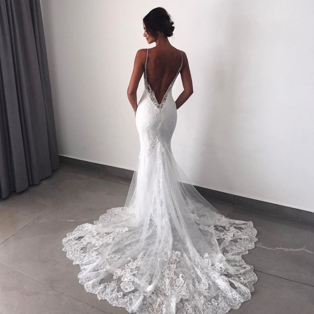 Backless Wedding Dresses Lace Mermaid Modern Spaghetti Straps Bride Dress