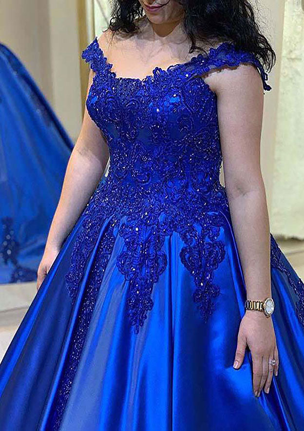 Ball Gown Bateau Cathedral Satin Prom Dress/Evening Dress With Appliqued Beading