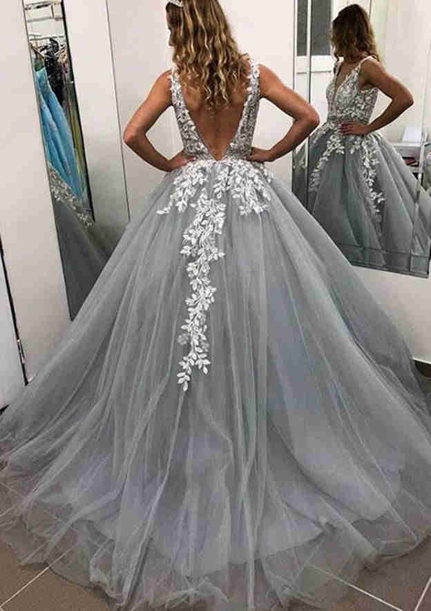 Ball Gown Sleeveless Long/Floor-Length Tulle Prom Dress/Evening Dress with Laced Appliqued Beading