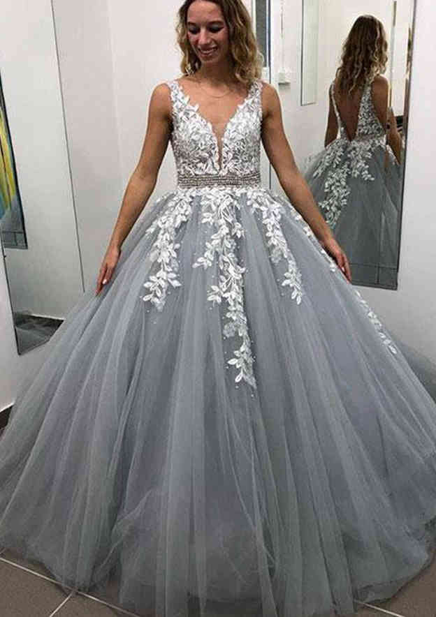 Ball Gown Sleeveless Long/Floor-Length Tulle Prom Dress/Evening Dress with Laced Appliqued Beading