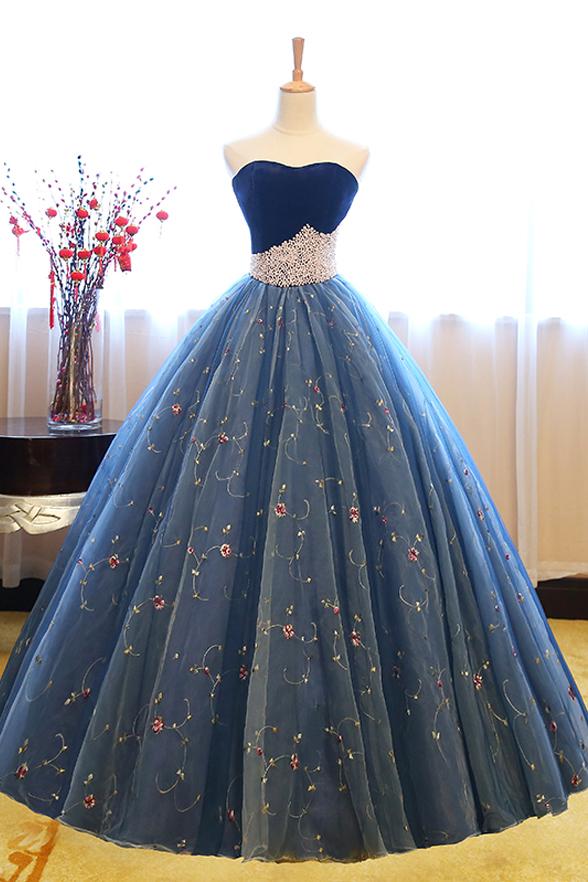 Ball Gown Strapless Embroidery Pearl Dark Blue Formal Prom Dresses