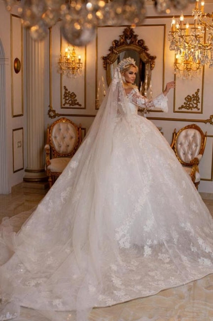 Ballbella Beautiful Sweetheart Ball Gown Lace Wedding Gowns Bridal Dresses With Long Sleeves