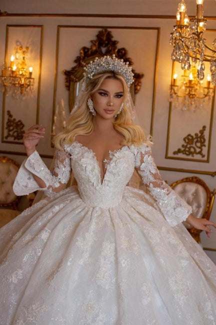 Ballbella Beautiful Sweetheart Ball Gown Lace Wedding Gowns Bridal Dresses With Long Sleeves