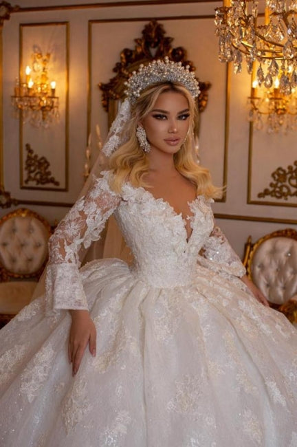 Ballbella Beautiful Sweetheart Ball Gown Lace Wedding Gowns Bridal Dresses With Long Sleeves