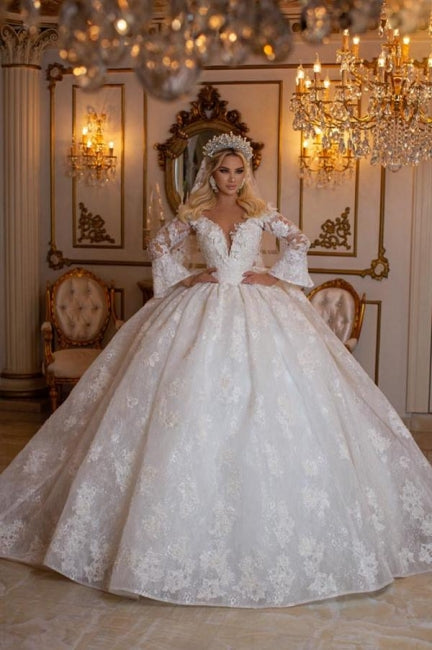 Ballbella Beautiful Sweetheart Ball Gown Lace Wedding Gowns Bridal Dresses With Long Sleeves