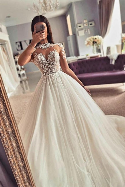 Ballbella Chic Jewel Lace Tulle Wedding Gowns With Long Sleeves