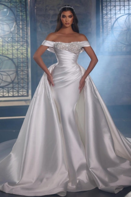 Ballbella Elegant Beading Sleeveless Wedding Gowns With Glitter Satin Off-the-shoulder