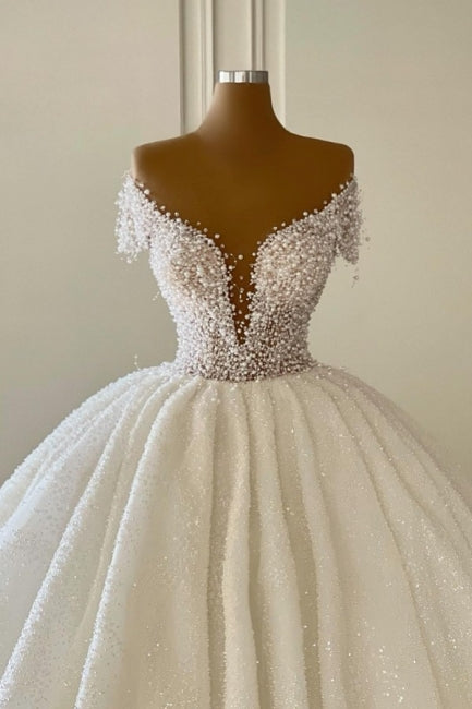 Ballbella Elegant Modern V-neck Wedding Gowns With Glitter Off-the-shoulder