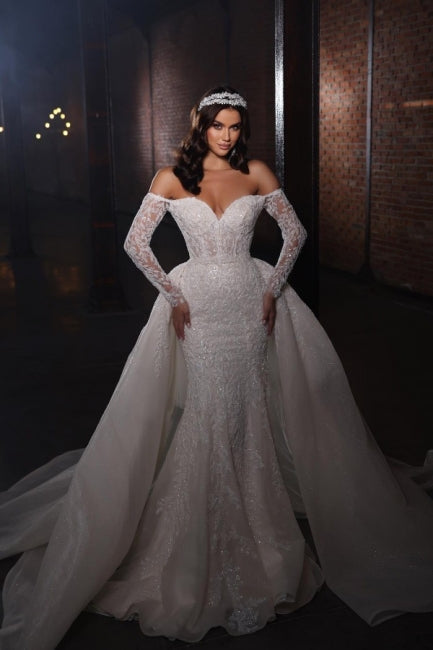 Ballbella Extravagant Lace Mermaid Wedding Gowns with Sleeves Off-the-shoulder