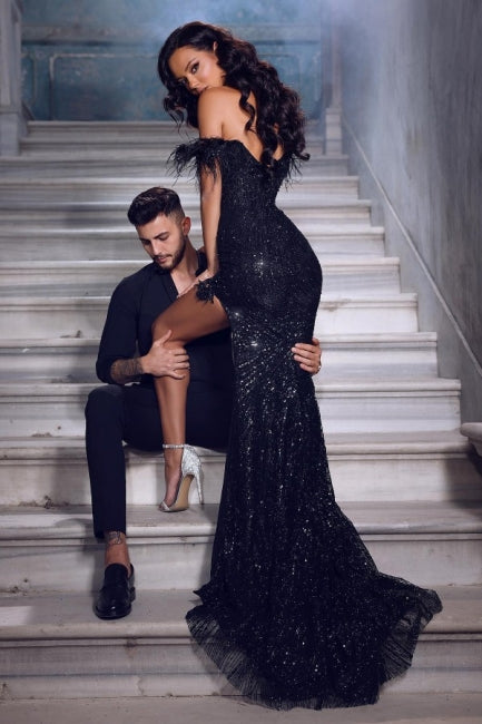 Ballbella Fabulous Black Lace Sequined Prom Dress With Slit Long Off-the-shoulder