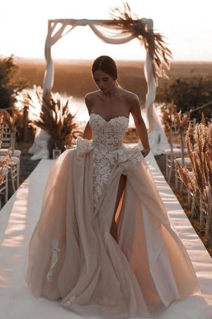 Ballbella Fabulous Champagne Tulle Wedding Gowns With Slit Lace Sleeveless