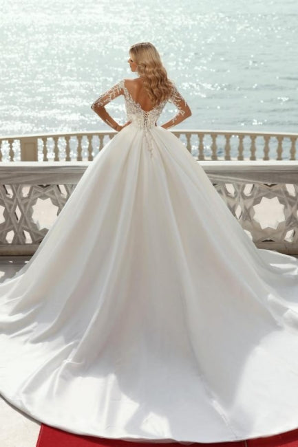 Ballbella Fabulous Modern Satin Wedding Gowns With Long Sleeves V-neck