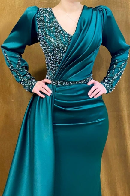 Ballbella Modern Beading Mermaid Prom Dress With Long Sleeves Long Green V-neck