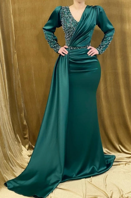 Ballbella Modern Beading Mermaid Prom Dress With Long Sleeves Long Green V-neck