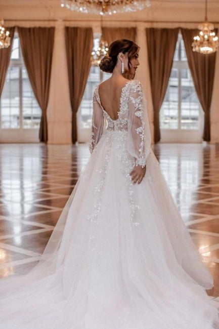 Ballbella Modern Lace Wedding Gowns With Long Sleeves V-neck