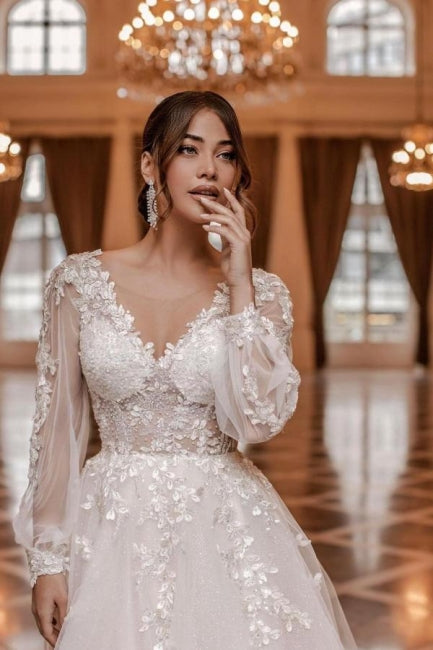 Ballbella Modern Lace Wedding Gowns With Long Sleeves V-neck