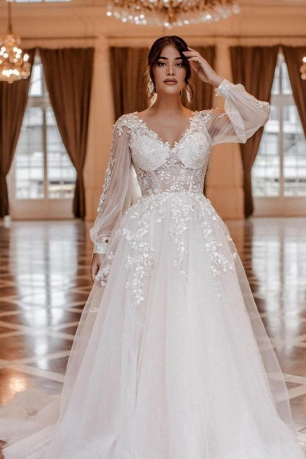 Ballbella Modern Lace Wedding Gowns With Long Sleeves V-neck