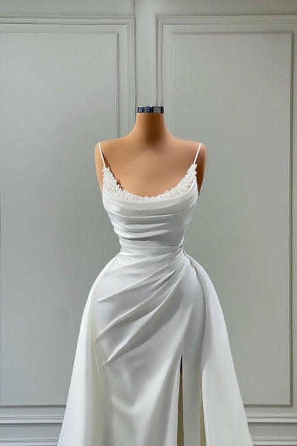 Ballbella Modern White Spaghetti Straps Wedding Gowns With Beads Long