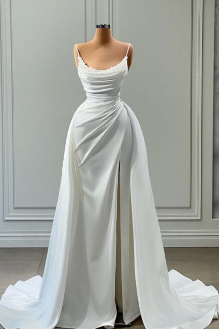 Ballbella Modern White Spaghetti Straps Wedding Gowns With Beads Long