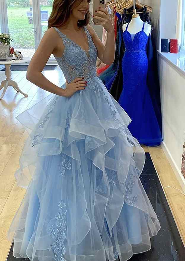 Beaded A-Line V-Neck Sleeveless Laced Tulle Long Prom Dress/Evening Dress