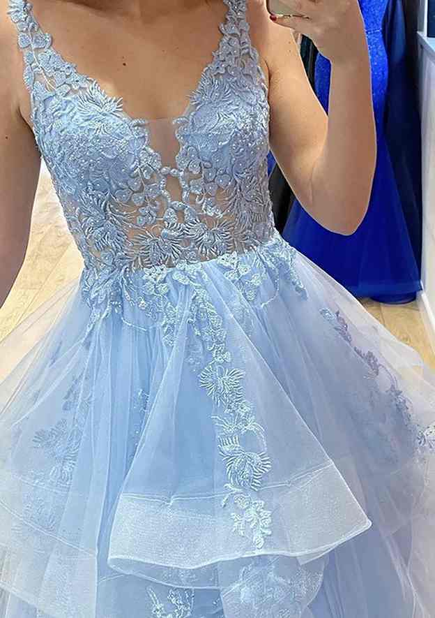 Beaded A-Line V-Neck Sleeveless Laced Tulle Long Prom Dress/Evening Dress