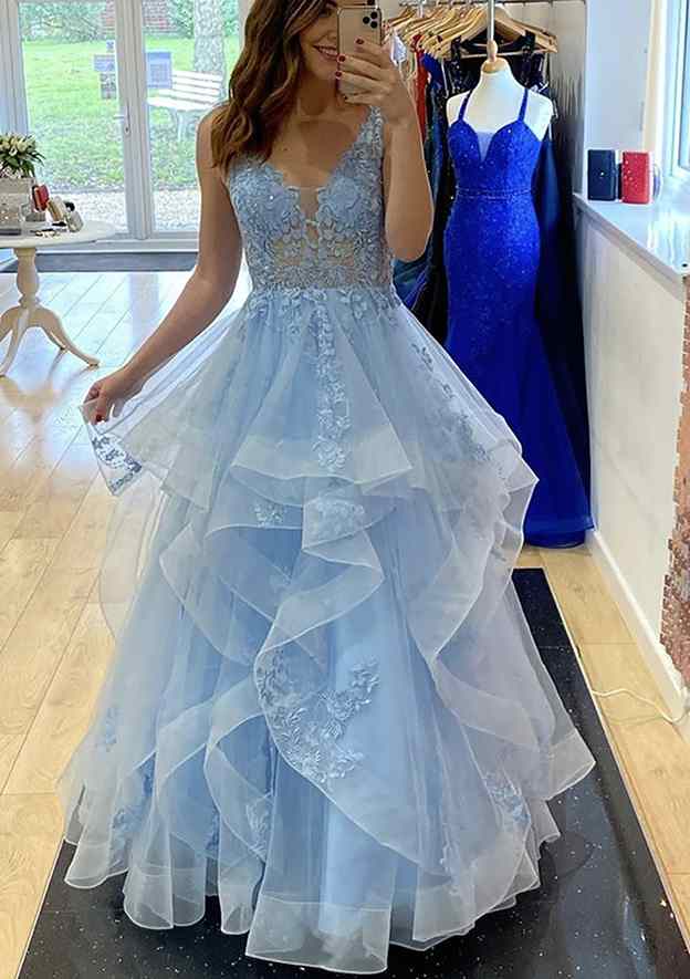 Beaded A-Line V-Neck Sleeveless Laced Tulle Long Prom Dress/Evening Dress