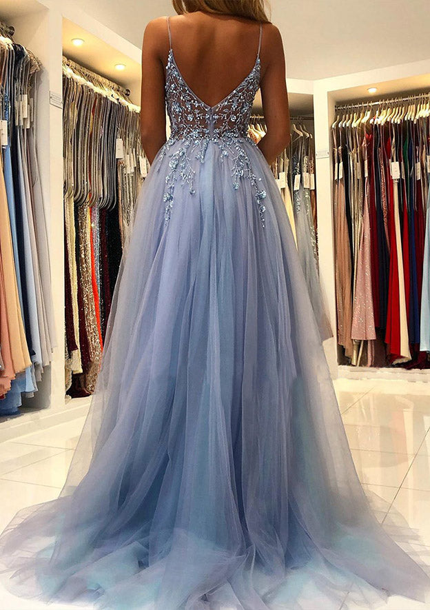 Beautiful A-Line V-Neck Spaghetti Straps Tulle Prom Dress/Evening Dress With Beading Sequins Split and Sweep Train