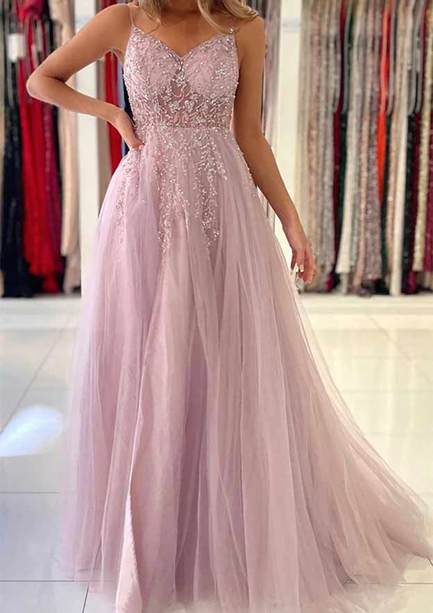 Beautiful A-Line V-Neck Spaghetti Straps Tulle Prom Dress/Evening Dress With Beading Sequins Split and Sweep Train