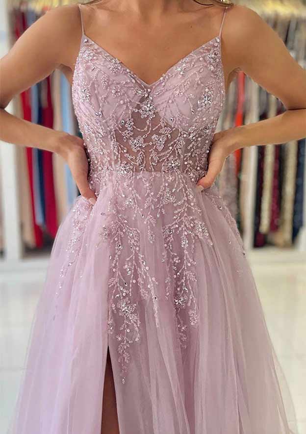 Beautiful A-Line V-Neck Spaghetti Straps Tulle Prom Dress/Evening Dress With Beading Sequins Split and Sweep Train