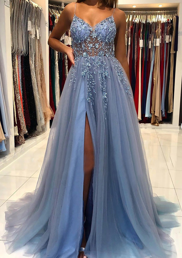 Beautiful A-Line V-Neck Spaghetti Straps Tulle Prom Dress/Evening Dress With Beading Sequins Split and Sweep Train