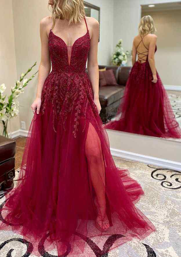 Beautiful A-Line V-Neck Spaghetti Straps Tulle Prom Dress/Evening Dress With Split Appliqued Chapel Train