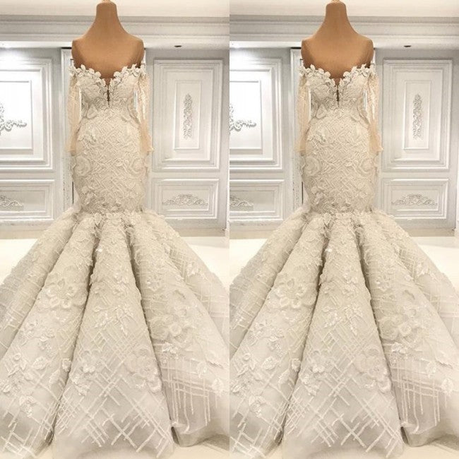 Beautiful Ivory Mermaid Sweetheart Lace Bridal Gowns for Wedding