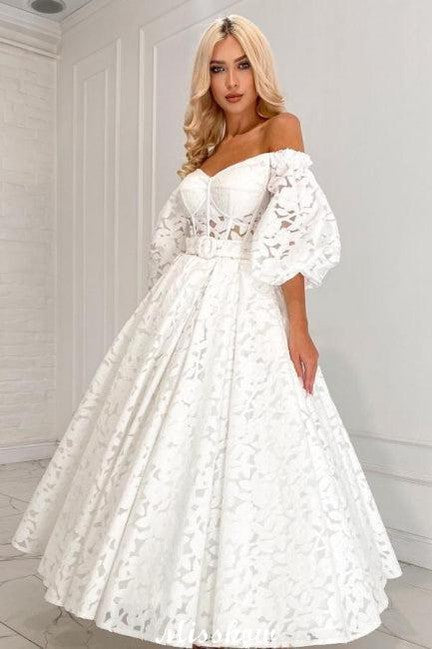 Lovely Long A-Line Off-the-Shoulder Full Sleeves Feminine Lace Wedding Gown